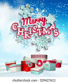 Colorful decorative text Merry Christmas with 3d effect, on background stylized like blurred sky with white clouds and group of colorful gift boxes, vector illustration, eps 10 with transparency and