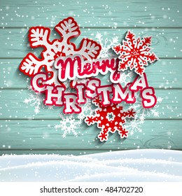 Colorful Decorative Text Merry Christmas With 3d Effect, On Blue Wooden Background, Vector Illustration, Eps 10 With Transparency And Gradient Meshes