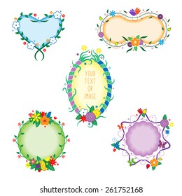 Colorful decorative vector frames for photo, picture or message with flowers, birds and butterflies.
