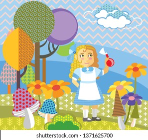 Colorful Decorative Vector Image Girl In Blue Dress Standing In Forest. Alice In Wonderland - Fictional Character, Vector Cartoon Flat Illustration In Different Colors With Seamless Pattern Elements. 