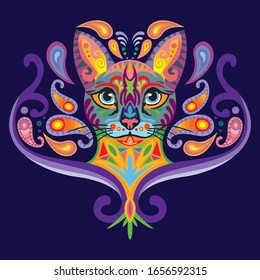 Colorful decorative zentangle doodle ornamental portrait of cat. Decorative abstract vector illustration in different colors isolated on dark blue background.Stock illustration for design and tattoo. 