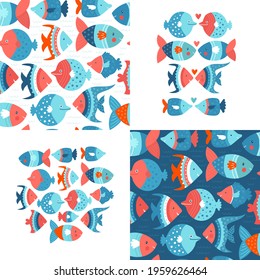 Colorful decotative stylized fishes set. Sticker, 2 patterns, elements set. Lovely kids style decorative sea animals. Underwater life. Marine theme. Nice textile or paper design collection.