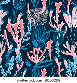 Colorful deep sea coral and seaweed seamless pattern flat vector illustration