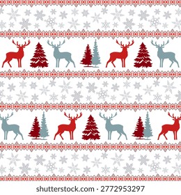 Colorful deer and trees with Christmas decor.Vector seamless pattern with deer, Christmas trees, snowflakes and colorful embroidery on a white background.