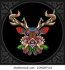 Colorful Deer zentangle arts isolated on black background