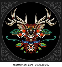 Colorful Deer zentangle arts isolated on black background