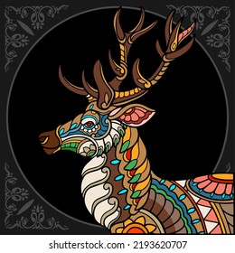 Colorful Deer zentangle arts isolated on black background