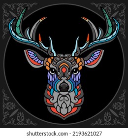 Colorful Deer zentangle arts isolated on black background