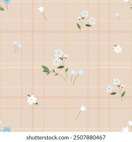 Colorful delicate cell with flowers on a beige background. Seamless vector pattern.	