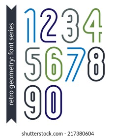 Colorful delicate retro numbers set, vector light classic digits with outline isolated on white background. Elegant bright numbers with rounded corners.