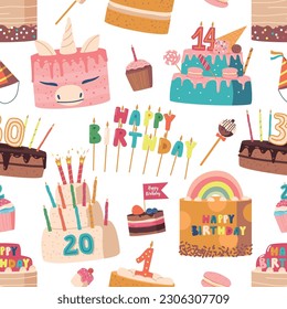 Colorful, Delicious, And Celebratory, Festive Cakes Seamless Pattern Featuring A Variety Of Birthday Cakes And Desserts