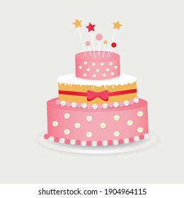 Colorful delicious dessert, birthday cake with bright decorations. birthday cake flat design.