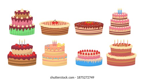 Colorful delicious desserts, birthday cakes with celebration candles and chocolate slices. Flat set of cake birthday vector icons for web design. Tasty sweet desserts isolated on white background.