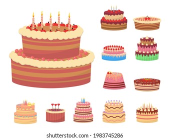 Colorful delicious desserts, birthday cakes with celebration candles and chocolate slices. Flat set of cake birthday vector icons for web design. Tasty sweet desserts isolated on white background.