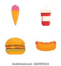 Ícones coloridos e deliciosos de fast food definidos com ilustrações vetoriais de sorvete. Refrigerante. Burger! Cachorro-quente. E mais para petiscos americanos de verão e salgadinhos não saudáveis