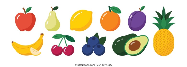 Colorido e deliciosa coleção de desenhos animados de frutas no branco