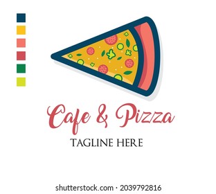 Colorful delicious looking Pizza icon logo vector illustration with dummy text for cafe and pizza shop on white background.