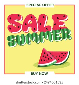 Colorful delicious summer sale banner with watermelon . Also for poster, flyer or advertising. Vector illustration in flat cartoon style