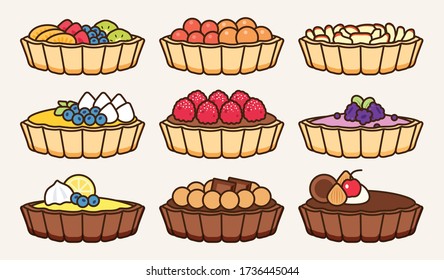 Colorful delicious tart collection: mix fruits, watermelon, melon, apple, 
 blueberry, raspberry, blackberry, lemon, chocolate, cherry. Draw sweet dessert cafe puff pastry product vector illustration.