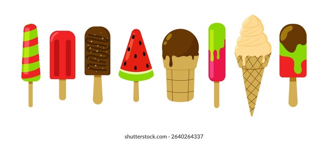 Colorful and delicious variety of ice cream and popsicles displayed on a white background