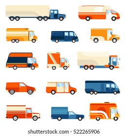 Colorful delivery trucks of different size set isolated on white background flat vector illustration