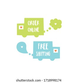 Colorful delivery trucks hand drawn flat icons illustration. 