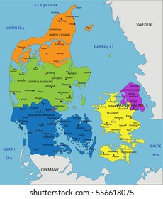 Colorful Denmark political map with clearly labeled, separated layers. Vector illustration.