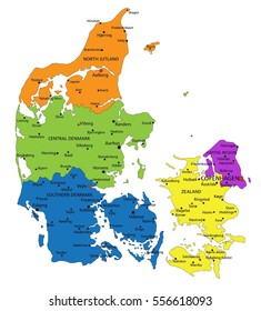 Colorful Denmark political map with clearly labeled, separated layers. Vector illustration.