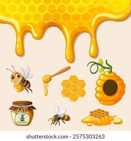 Colorful depiction of bees, honey, and hive elements