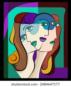 A colorful depiction features an abstract fusion of faces overlapped with each other, incorporating varying shapes and bold lines. The use of vibrant hues, including greens, purples, and yellows