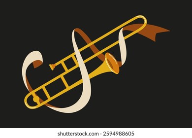 Colorful depiction of a trombone with musical notes on a dark background