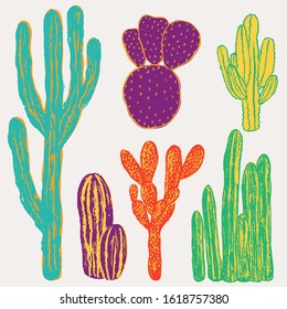 Colorful desert cactus collection. Vector illustration with vintage textures.