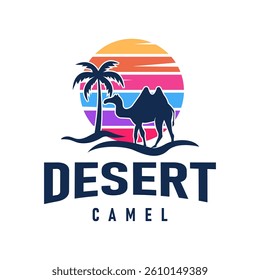 Colorful Desert Camel Logo At Sunset With Palm Tree Silhouette Vector