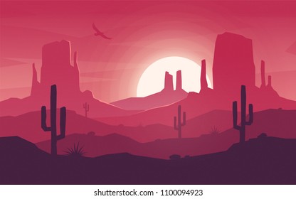 Colorful desert landscape at hot sunset. Vector illustration.