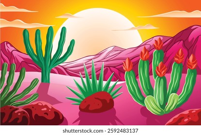 Colorful desert landscape illustration featuring cacti, rocky hills, and a vibrant sunset sky. a creative and artistic digital artwork perfect for nature themed designs,backgrouns, or travel content.