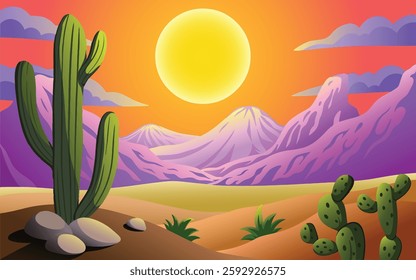 Colorful desert landscape illustration with sunsetsky, tall cacti, rocky hills, and distant mountains. vibrant nature scenery, perfect for nature backgrounds, adventure themes, and creative designs. 