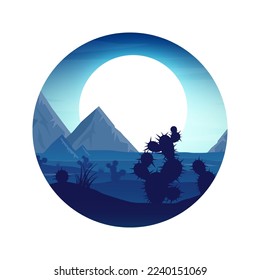 Colorful desert landscape with mountains, hills, sand dunes and deserted valleys. Desert area of Africa or Mexico. Extreme tourism and traveling. Wild West safari tour. Vector illustration