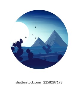 Colorful desert landscape with mountains, hills, sand dunes and deserted valleys. Desert area of Africa or Mexico. Extreme tourism and traveling. Wild West safari tour. Vector illustration
