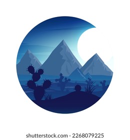 Colorful desert landscape with mountains, hills, sand dunes and deserted valleys. Desert area of Africa or Mexico. Extreme tourism and traveling. Wild West safari tour. Vector illustration