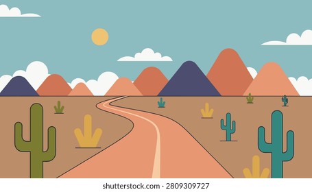 Colorful desert landscape with a winding road leading towards orange and purple mountains under a clear sky with a warm sun.