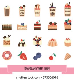 Colorful deserts set vector illustration. Flat sweet food icons collection. Isolated desert symbols on white background. Ice cream, tiramisu, cake, cheesecake, cupcakes, pudding, donuts, meringue