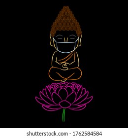 Colorful design of an adorable and cute smiling Buddha wearing a protective mask against Coronavirus Covid-19 pandemic which meditating on a Lotus flower. Vector Illustration.