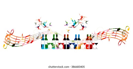 Colorful design with bottles and hummingbirds