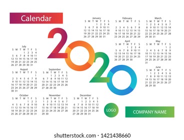 Colorful design calendar 2020. Minimalist design Vector illustration.