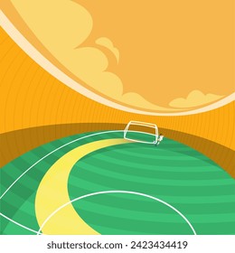 Colorful design with in cartoon style soccer stadium with athlete standing near goal and kicking ball. Drawn elements. Sport event, competition, tournament, game concept. Creative colorful art. Poster