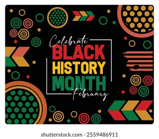 Colorful design to celebrate Black History Month in February with bright patterns. Recognize African-American culture and heritage with dynamic geometric elements. Black History Month concept. 