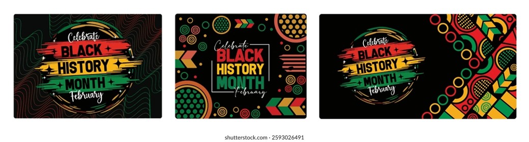 Colorful design to celebrate Black History. Colorful design with bright patterns. Emphasizes African heritage, culture, and community. Black History Month concept. Set flat vector illustration.