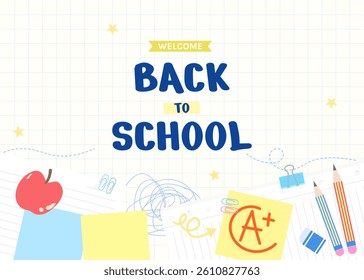 A colorful design celebrating the back to school season, featuring school supplies like pens, an apple, and homework sheets, perfect for educational themes.