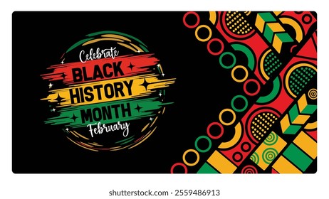 A colorful design celebrating Black History Month with bright patterns and colors. Emphasizes African heritage, culture, and community. Black History Month concept. Flat vector illustration.