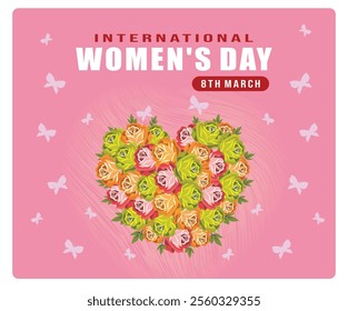 A colorful design celebrating International Women's Day. A heart-shaped wreath on a pink background is decorated with butterflies. Women's History Month concept. Flat vector illustration.